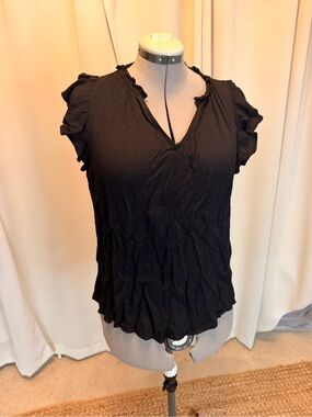 Terra & Sky Black Crinkle Ruffle Sleeve Blouse 0X 14W V-Neck Plus Size